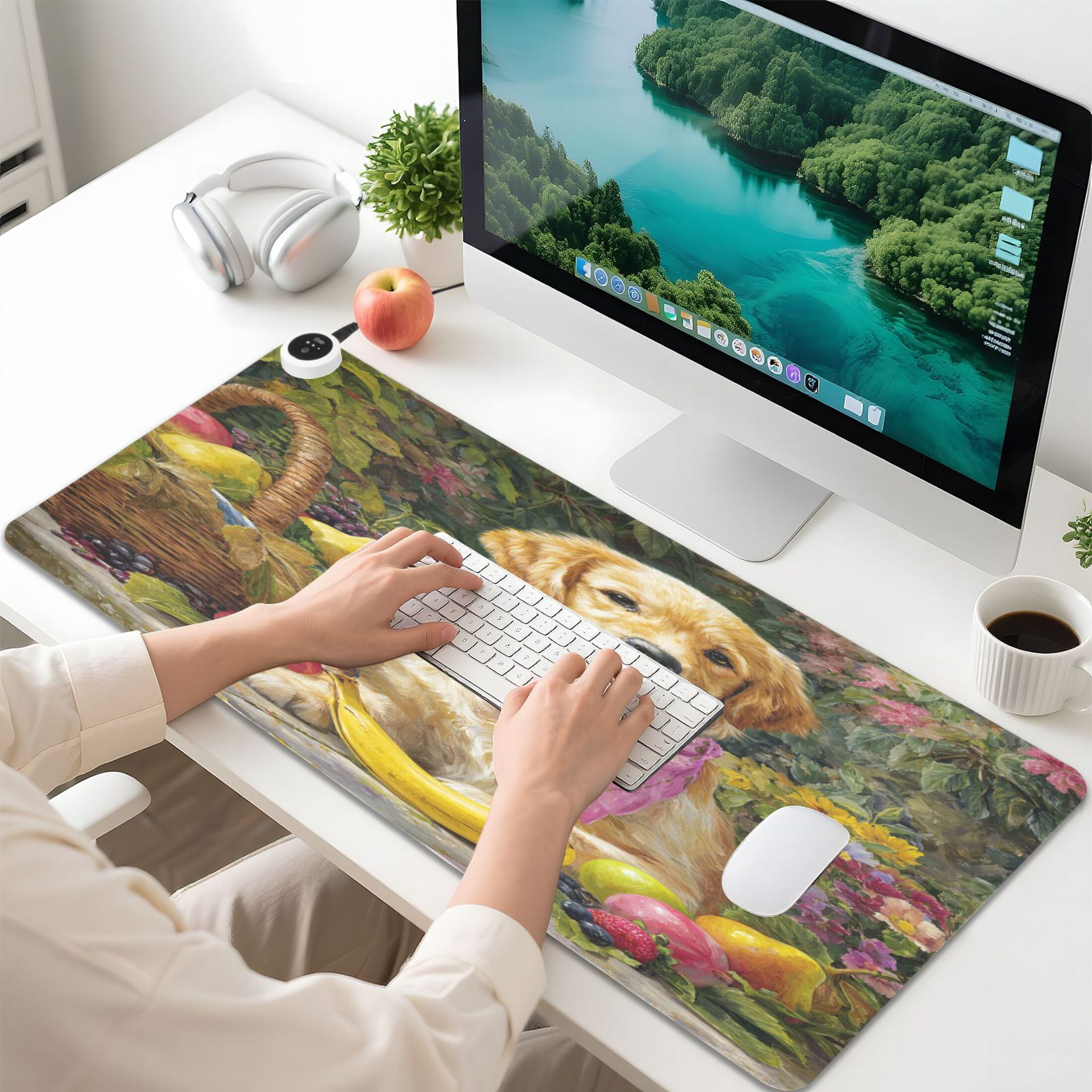 Large Heated Desk Mat Mouse Pad 31.5"x13"PU Leather Graphene Heating Desk Warmer with 3 Temperature Settings 110V US Plug Non-Slip Warm Pad for Home, Office, and Gaming Golden Retriever with Scarf