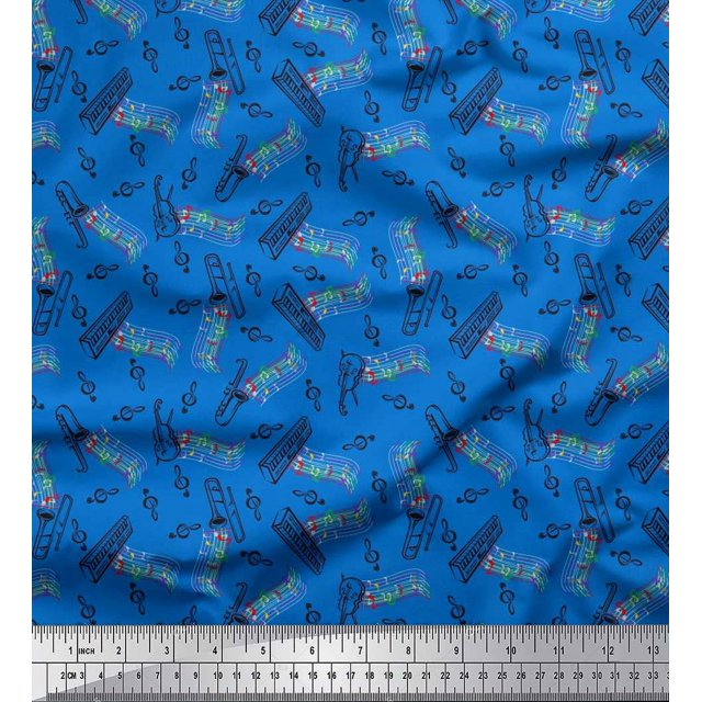 Soimoi Modal Satin Fabric Notes,Piano & Guitar Musical Instrument Decor Fabric Printed Yard 42 Inch Wide