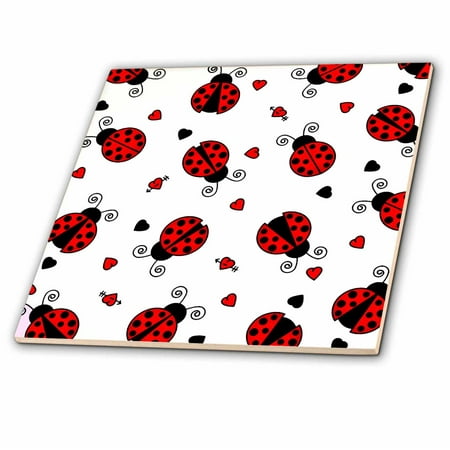 3dRose Love Bugs Red Ladybug Print with Hearts - Ceramic Tile, 4-inch