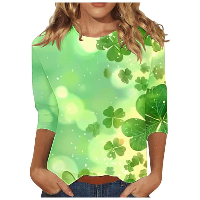 Diufon T-Shirts de la Saint-Patrick pour Femmes, Grande Taille, Imprimé Trèfle, Manches 3/4, Col Rond