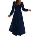 thumbnail image 3 of Women'S Bohemian Style Casual Resort Dress U-Neck Long Puff Sleeve A-Line Maxi Dress Navy Blue S, 3 of 9