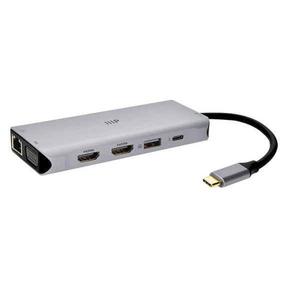 Monoprice 12-in-1 Dual-HDMI VGA MST Triple Monitor Docking Station, Dual 4K HDMI, VGA, 5Gbps USB‑A, Gigabit Ethernet, SD/MicroSD Readers, 100W PD, 3.5mm Dual Audio/Microphone Jack