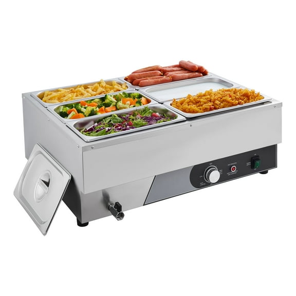 KFFKFF Commercial Food Warmer, 1500W Electric Stainless Steel Steam Heating Unit with Lid, Countertop Buffet Bain Marie Featuring Six 1/3 Size Food Pans, Ideal for Catering, Restaurants, and Events