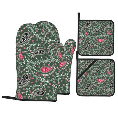 

Oven Mitts and Pot Holders Sets 4 pcs - Paisley Pattern No.9091 Heat Resistant Silicone Oven Gloves with Non-Slip Silicone Surface and hot pads for kitchen Baking Cooking BBQ