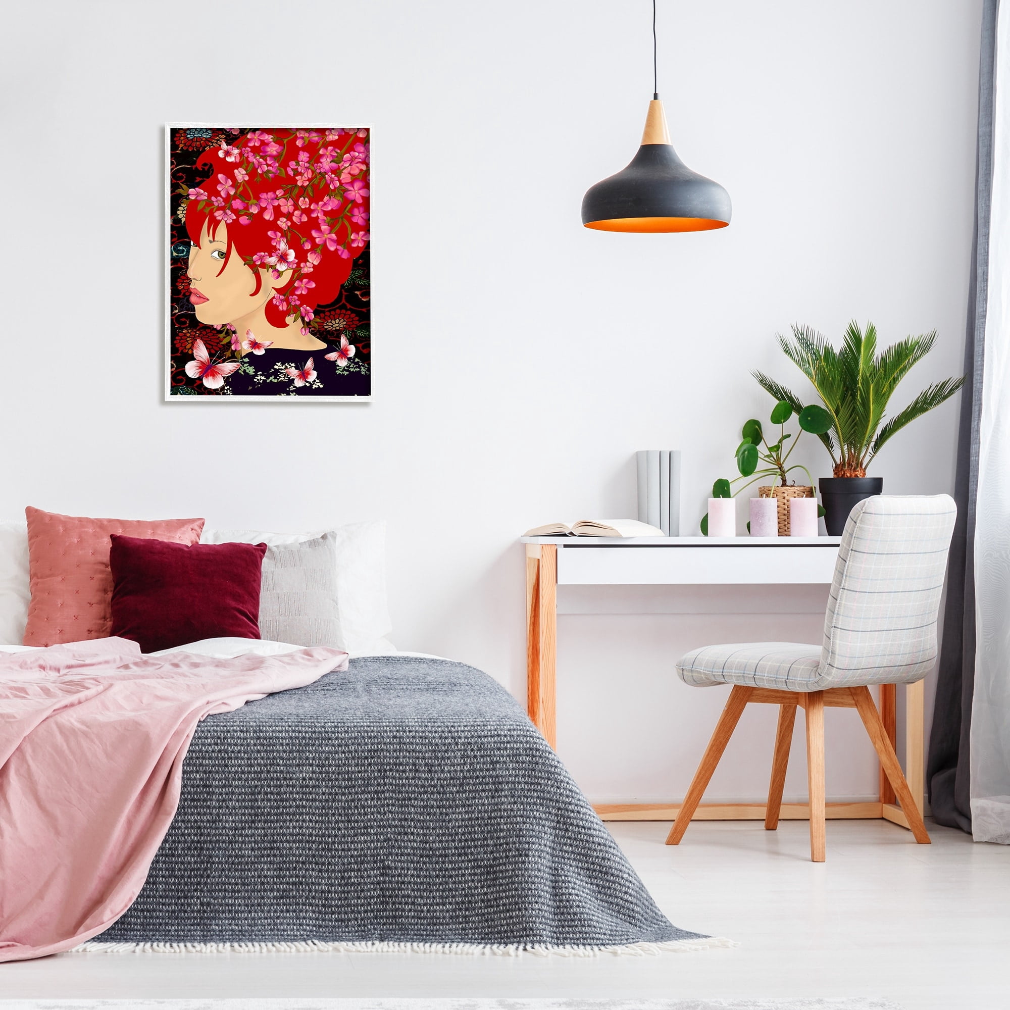 Stupell Industries Pink Blossom Female Portrait Butterfly Florals Abstract Pattern, 24 x 30,Design by Sangita Bachelet