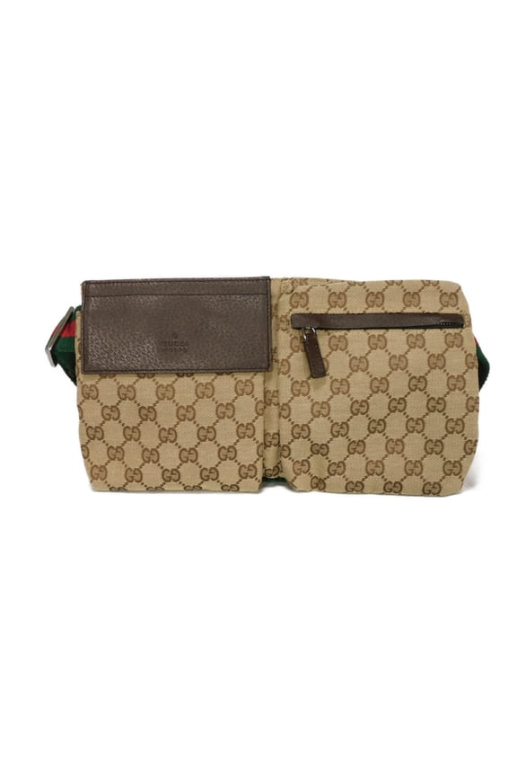 Pre-Owned Gucci GG Canvas Waist Bag with Logo Embossed Calfskin Brown Shoulder Web Stripe and...