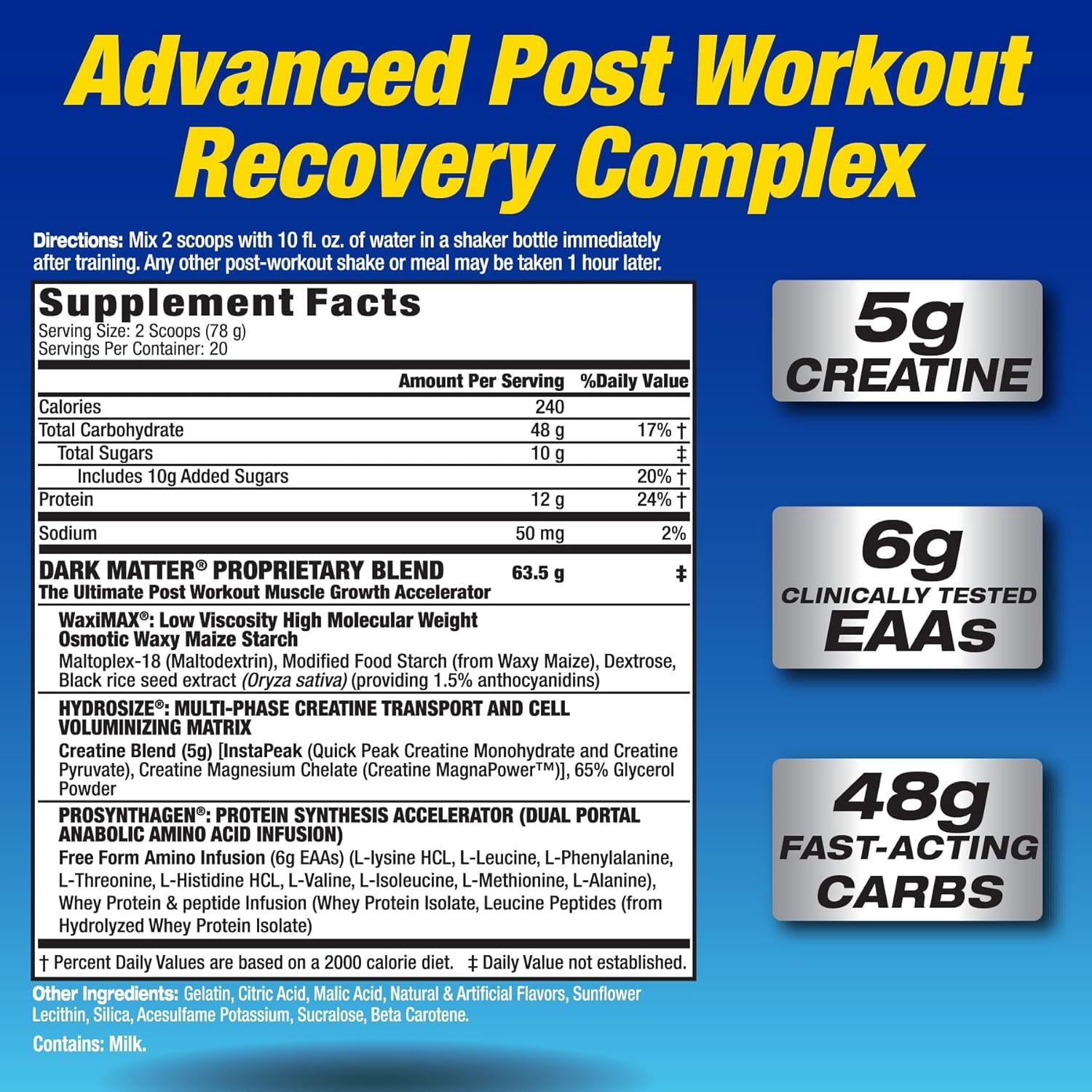 MHP Dark Matter Post Workout, EAA and Creatine, Recovery, Orange Crush, 20 Servings, 55 Oz