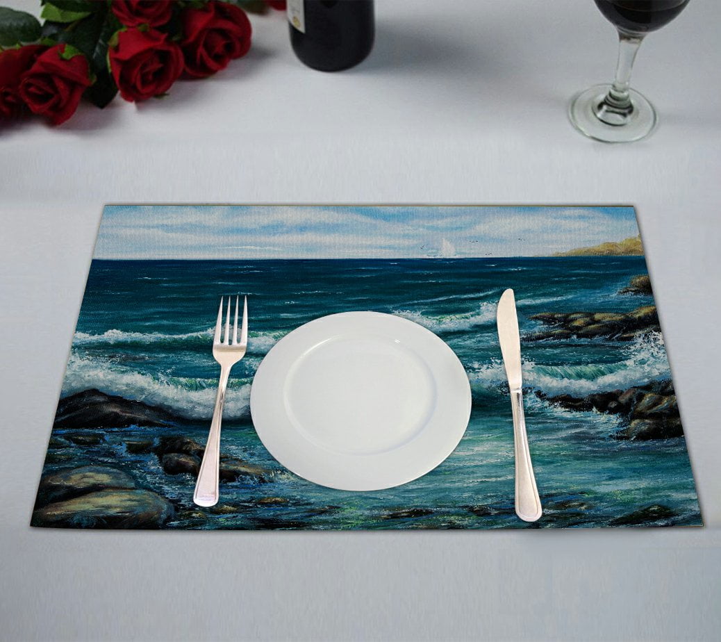 GCKG Ocean Placemat, Oil Painting Sea Wave and Ship Boat Placemat 12x18