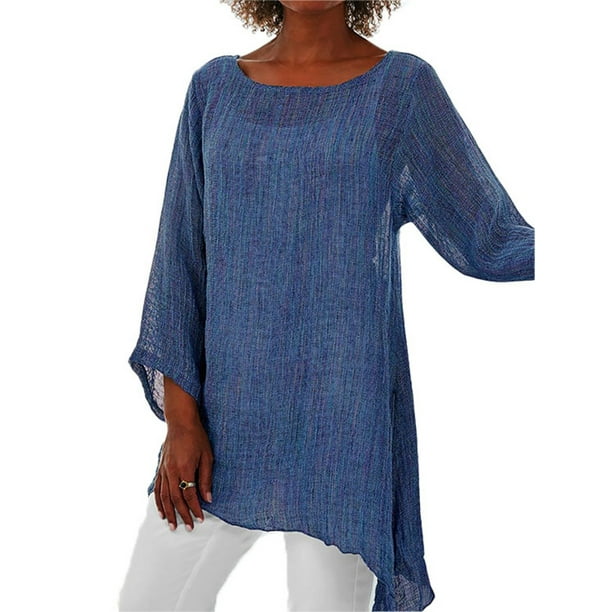 JustVH Womens Plus Size Cotton Linen Solid Color 3/4 Sleeve Irregular Tops Blouses