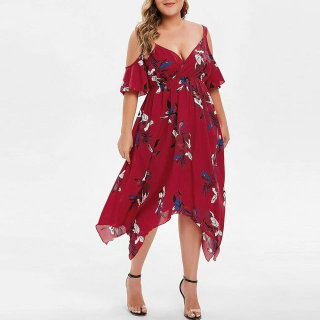Robes pour Femmes Grande Taille Mode Femmes Aguichant Imprimé Floral Manches Courtes Col en V Robe à Bretelles en Liquidation
