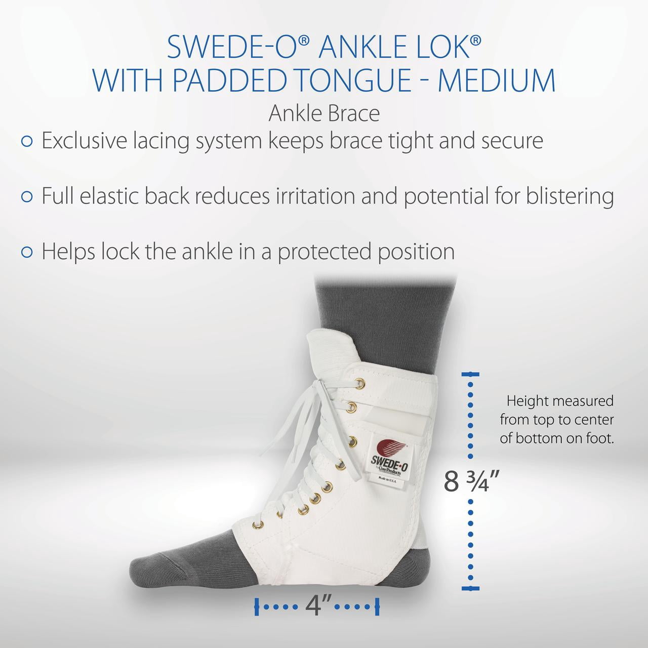 Swede-O Ankle Lok Reinforced Laced Ankle Brace for Sports, Padded Tongue, White, Medium