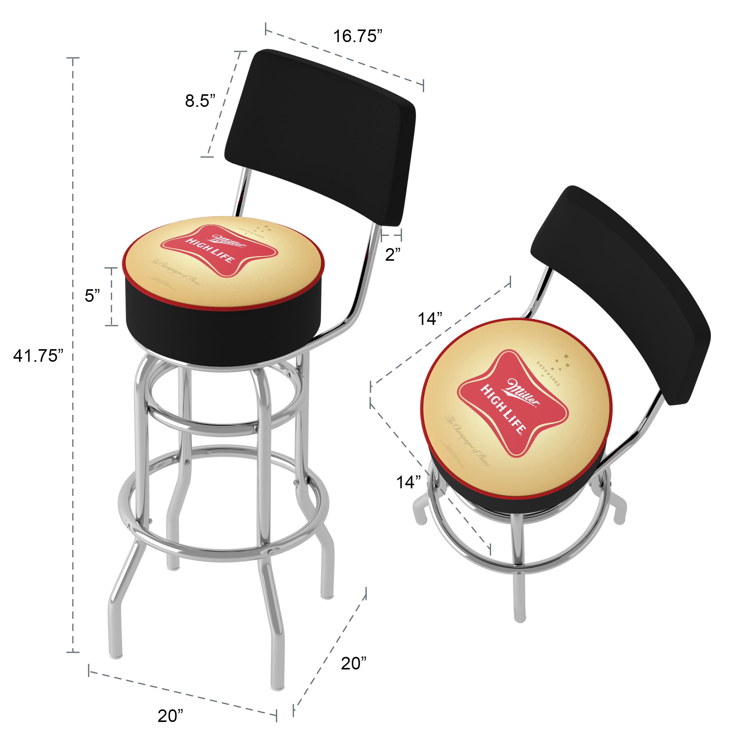 Trademark Gameroom Miller High Life Logo Bar Stool with Back Rest