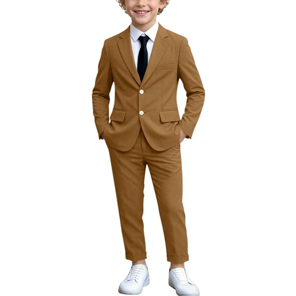 BRGZLK Boys 2 Piece Tuxedo Suit Trendy Kids Formal Slim Fit Jacket and Long Pants Set for Performance Photo, Back to School Outfits Brown 2-3 Years