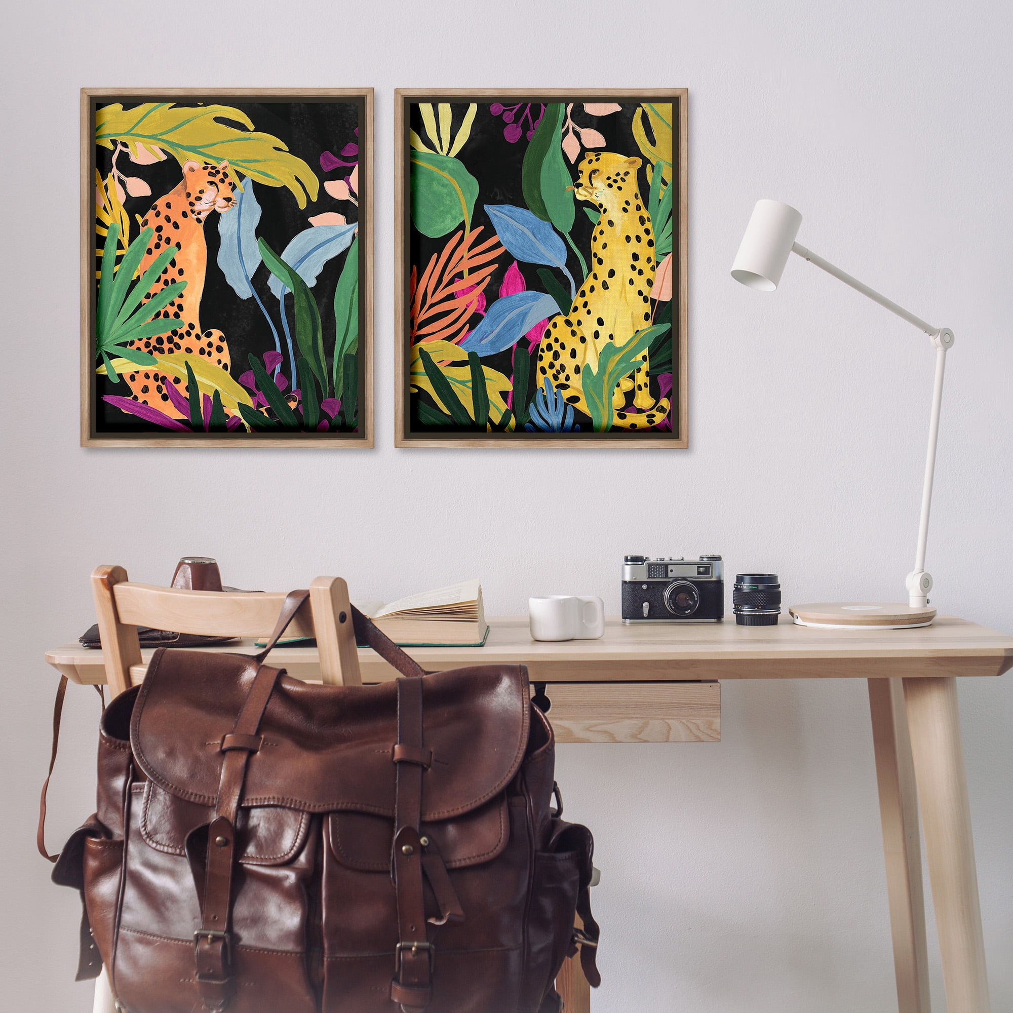 Stupell Industries Leopards & Tropical Leaves Animals & Insects Painting Brown Floater Framed Canvas Art Print Wall Art, 25 x 31, Set of 2
