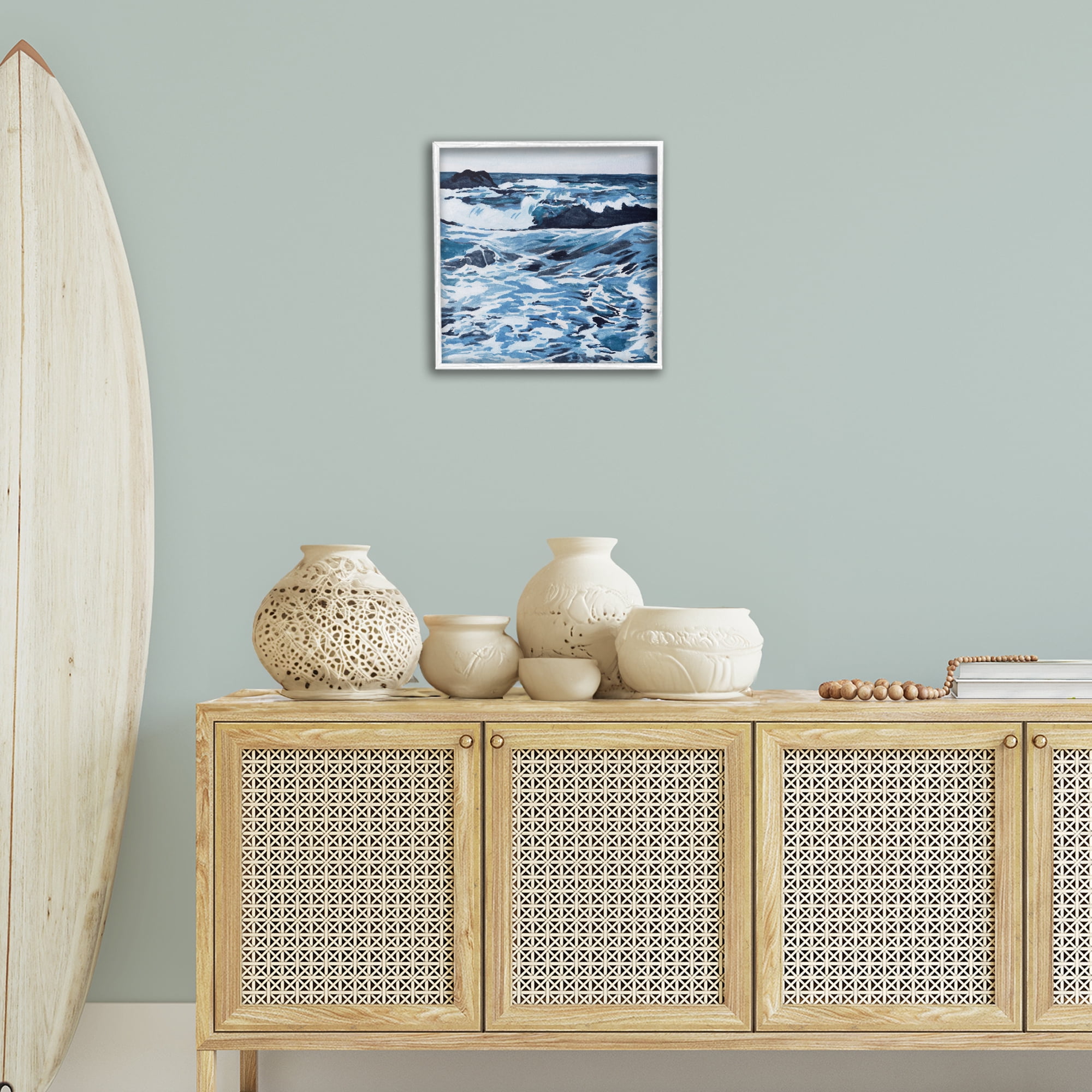 Stupell Industries Blue Coastal Waves Landscape Painting White Framed Art Print Wall Art, 17 x 17