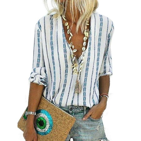 Women's V Neck Long Sleeve Loose Casual Striped Beach Holiday T Shirt