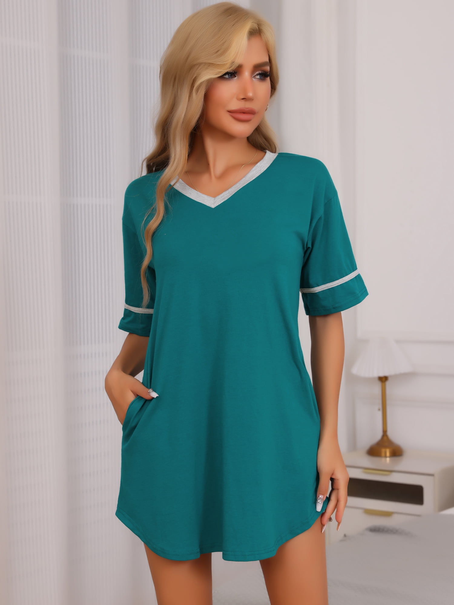 DARING DIVA Women's Cotton Soft Comfy V Neck Short Sleeve Night Dress S Dark Green
