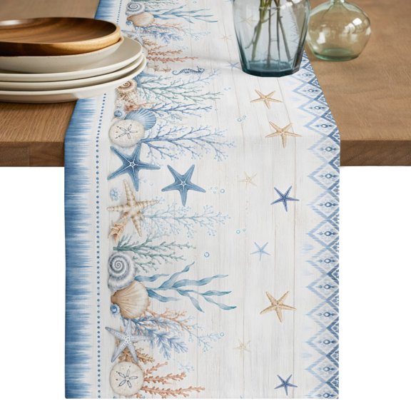 Starfish Coastal Table Runner 60 Inches Long, Kitchen Dining Table Decoration, Seaside Vintage Conch Nautical Geometric Coffee Tablerunner Dress Scarves Farmhouse Décor for Party, Holiday, 13 x 60