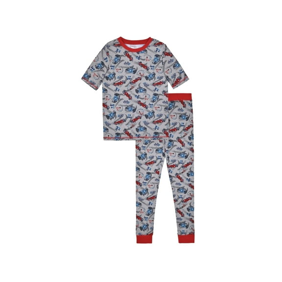 Sleep On It Boys 2-Piece Super Soft Jersey Snug-Fit Pajama Set for Boys - Racer - Grey & Red, Size 12
