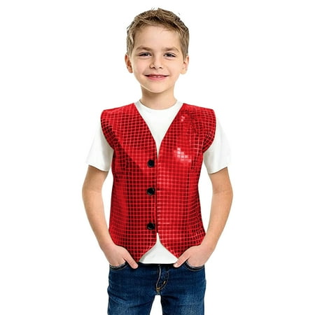 ZHOUCHANKIDS Kids Sequin Vest Sparkly V Neck Shiny Waistcoat for Boys Girls Disco Party Vest Prom Mardi Gras Carnival Red 13-14Years