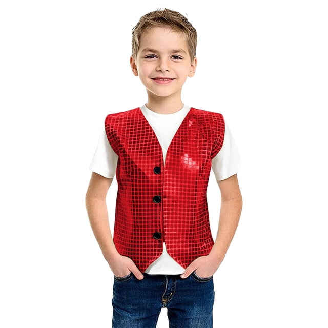 MIASHUI Carnival Themed Boys Vest Featuring Square Patchwork Sequin Applique For Stage Shows And Party Celebration Wear Red,5-6 Years