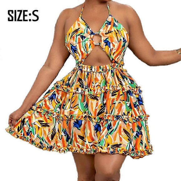 Robe Imprimée pour Femmes Funky Col Licou Sans Manches à Bretelles Découpe Dos Nu Boîte de Nuit Fête Mini Robe