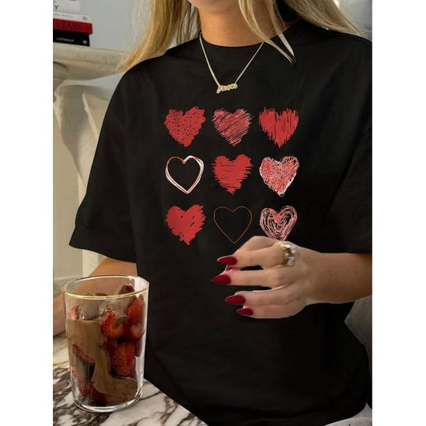Camiseta estampada de cuello redondo, top vintage informal estampado para mujer, camisetas de ocio.