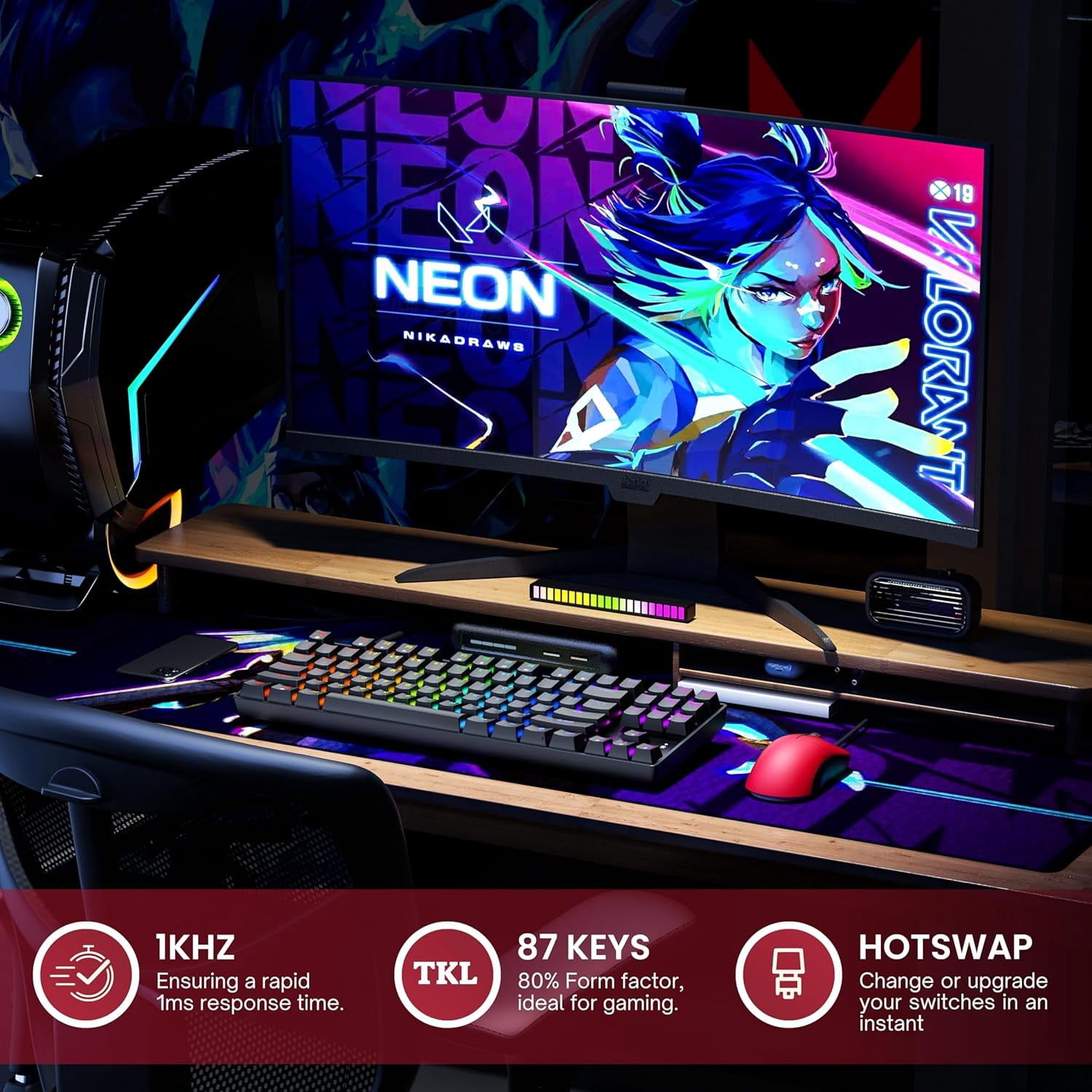 HK GAMING GK80 TKL Tenkeyless | Hot Swappable Mechanical Gaming Keyboard | 87 Keys Multi Color RGB LED Backlit for PC / Mac Gamer | ANSI US American Layout ( Black , Mechanical Red )