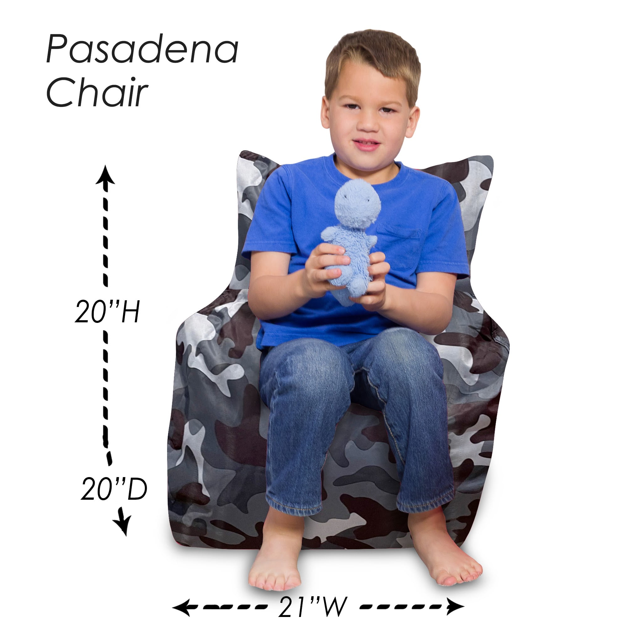 Posh Creations Structured Bean Bag Chair,Kids,Pasadena Seat,1.8ft, Nylon-Camo, Black Gray