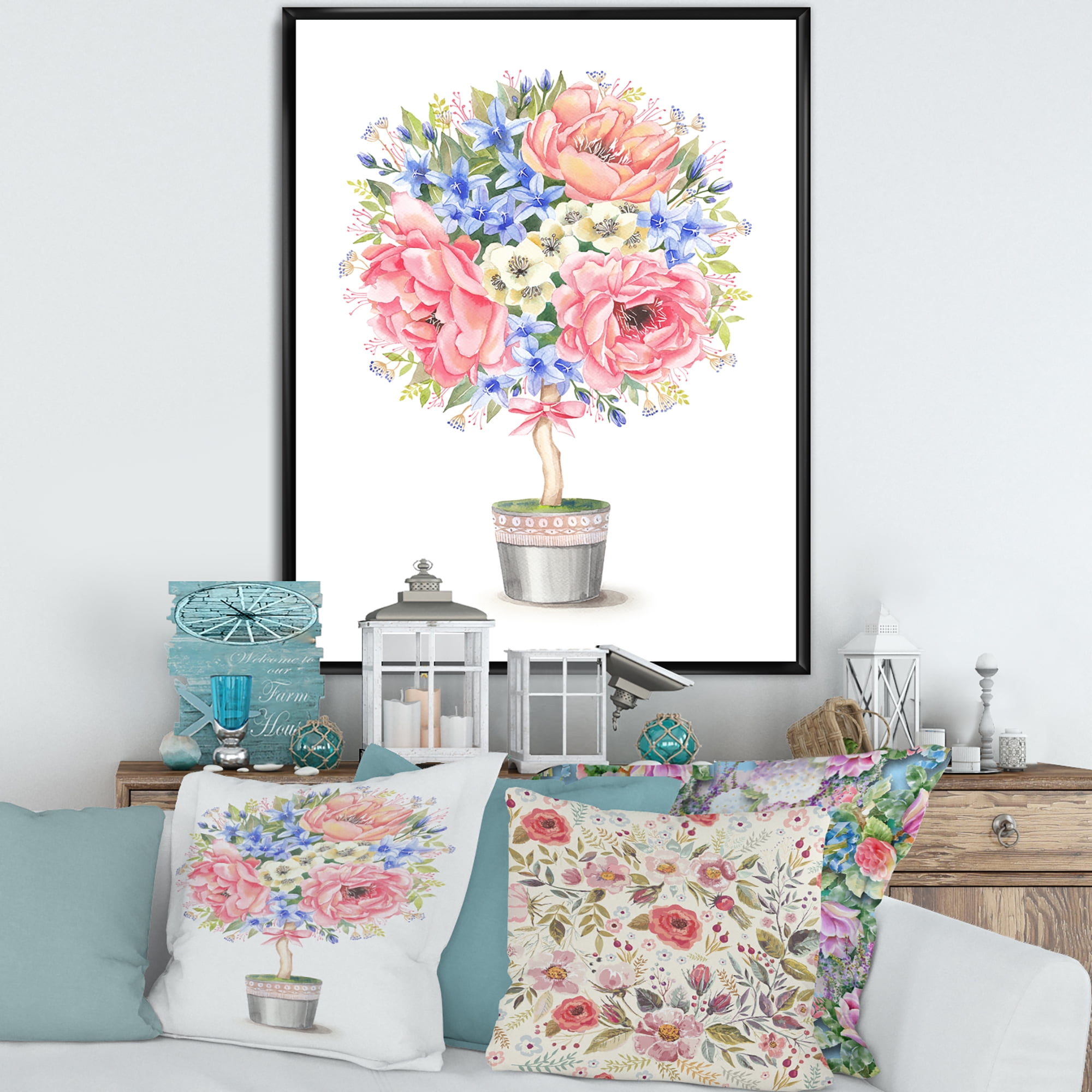 Designart 'A Bow With Flower Tree In A Pot' Farmhouse Framed Canvas Wall Art Print