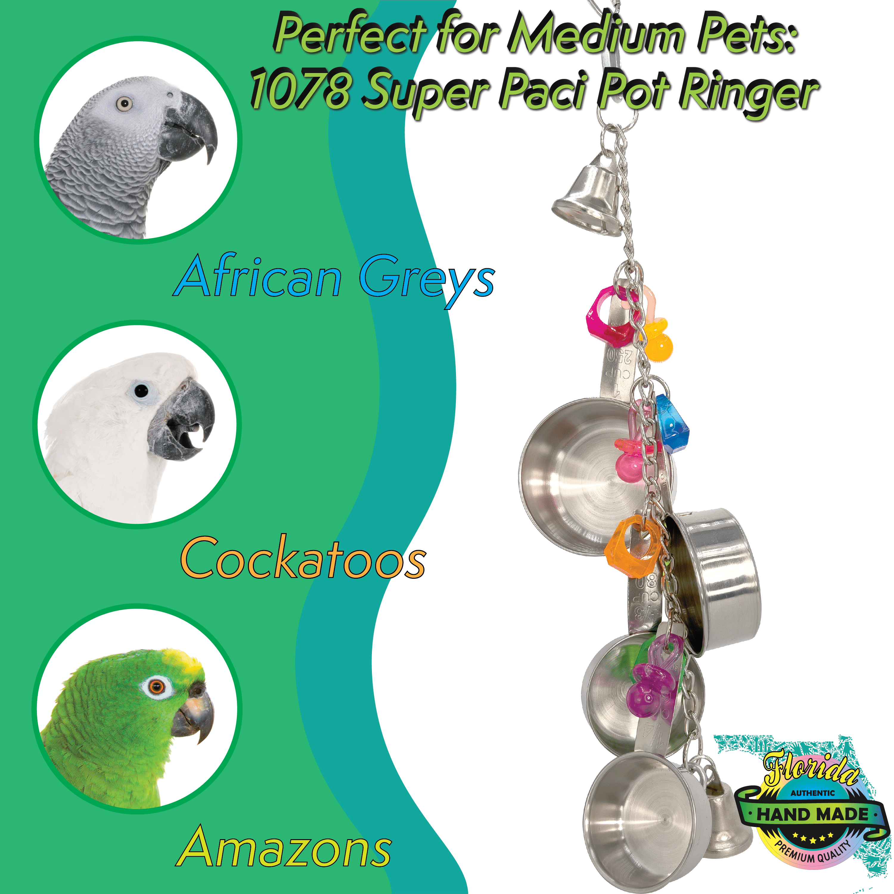 1078 Super Paci Pot Ringer - Handcrafted Shiny Noisy Hanging Bird Cage Toy