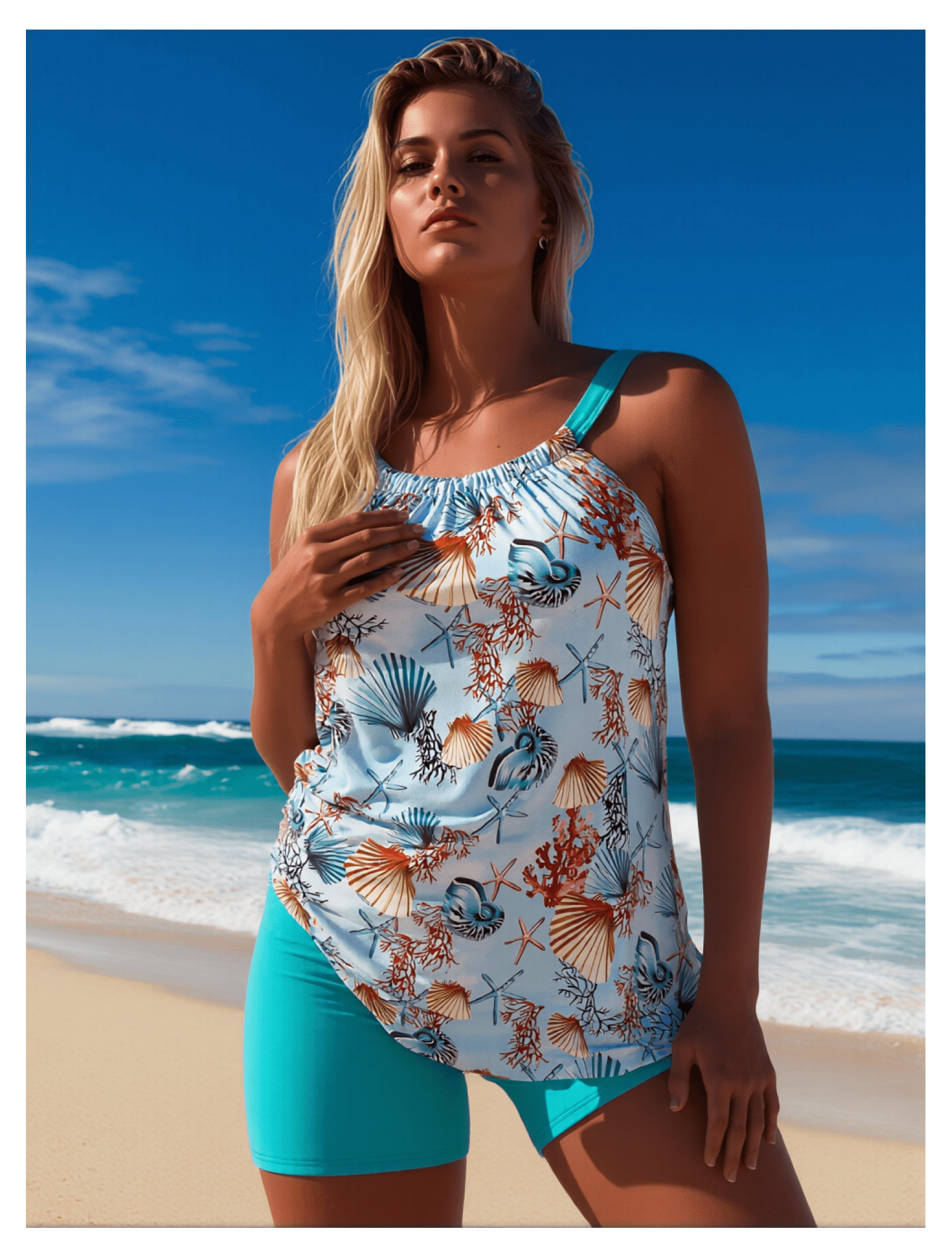 Women's Seashell Starfish Print Ruched Tankini Swimsuit - Two Piece with Turquoise Boyshorts, Beach Vacation Bathing Suit Sizes XL-4XL