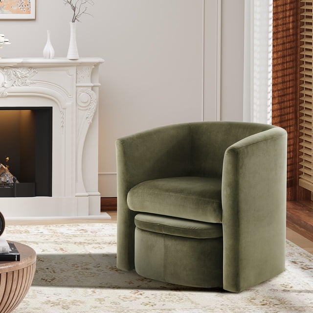 Fauteuil d'Appoint Tonneau Rembourré en Velours avec Ottomane de Rangement pour Salon, Chambre, Bureau - Vert