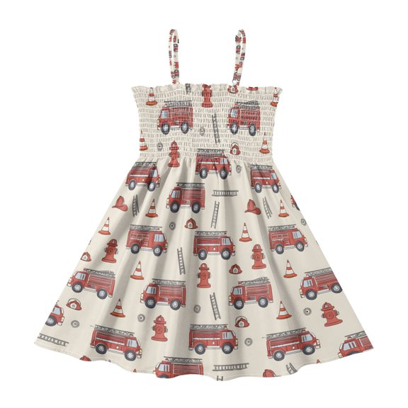 Summer Spaghetti Strap Fire Truck A Line Dress Casual Sleeveless Cami Sundress for Size 2-8 Years