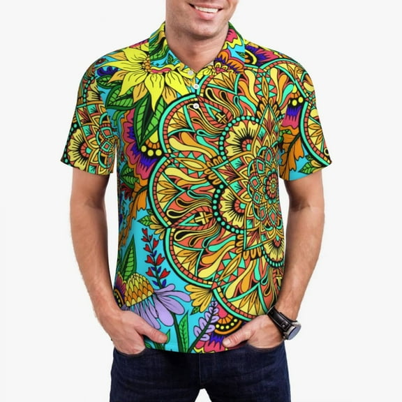 Mandala Design Casual T-Shirts Sunflower Print Polo Shirts Men Fashion Shirt Beach Short-S