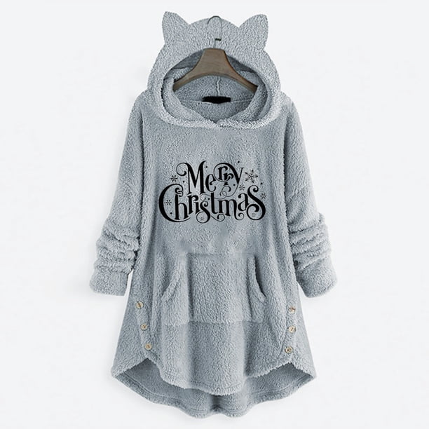 Pntutb Mujer Casual Navidad Impresión Botones De Felpa Manga Larga Con Capucha Abrigo De Felpa Top Pntutb Pntutb-1059