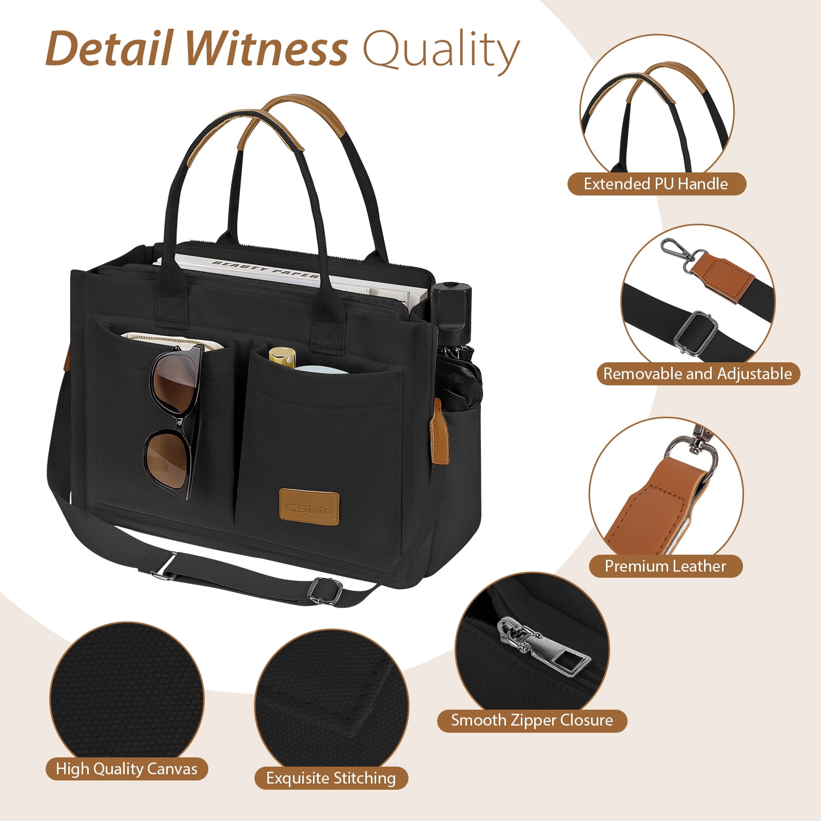Cshidworld Canvas Tote Bag for Women With Side Pockets, Laptop Work Crossbody Everyday Satchel, Purses Shoulder Tote Bag Everyday Satchel Handbags Messenger for Travel Nurse College Gift, Black