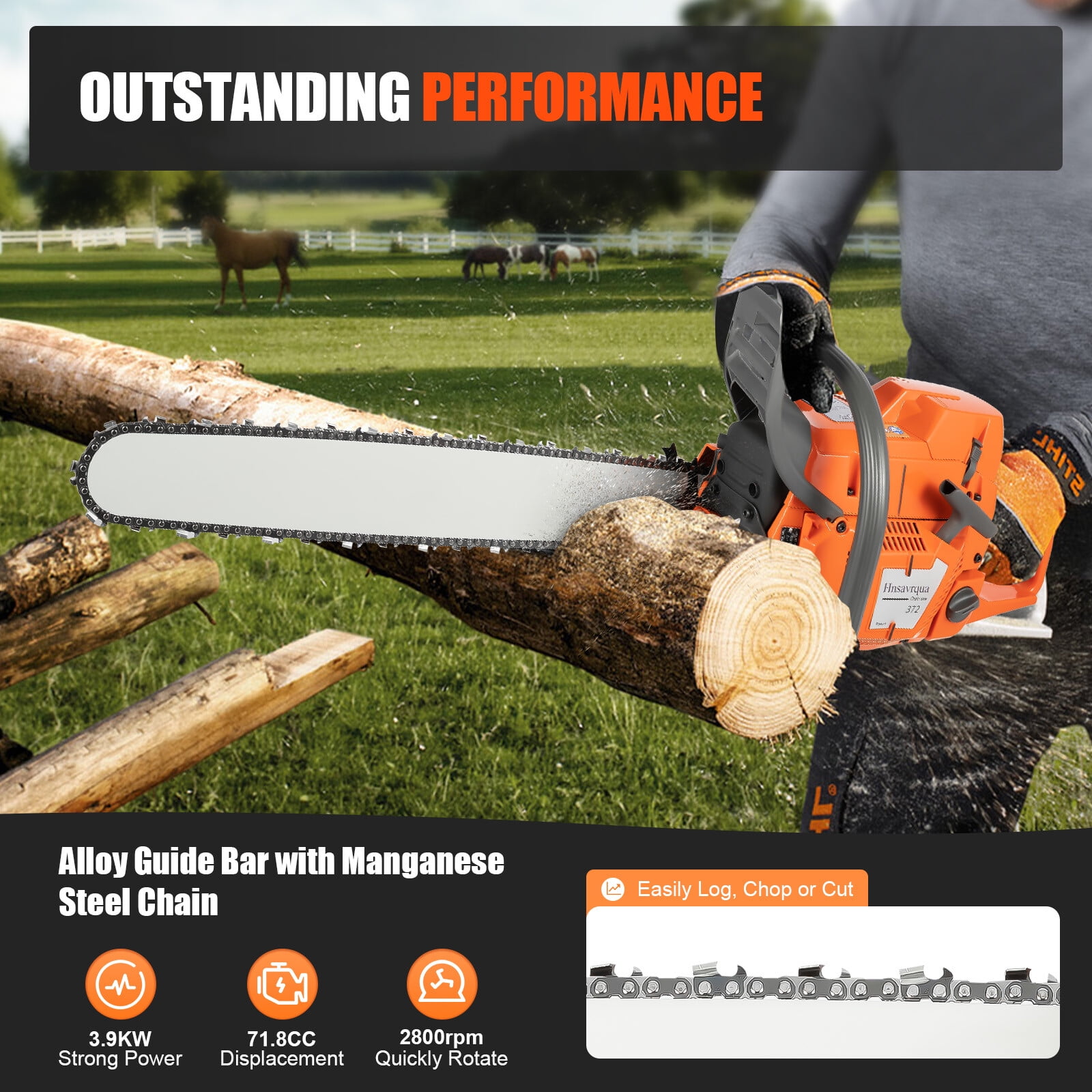 PEAKORA72cc Gas Powered Chainsaw with 24'' Guide Bar Saw Chain 2-Stroke Engine Cut Wood