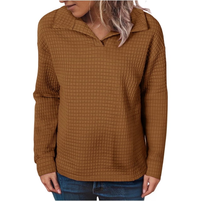 Lmnyox Chandails en Molleton Décontractés pour Femmes Mode Manches Longues Col Athlétique Basique Texture Chandail