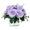 thumbnail image 2 of Enova Home 9 Heads Artificial Silk Rose Flowers in Clear Cube Glass Vase with Faux Water (Lavender), 2 of 4