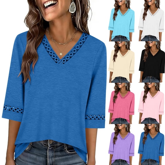 ClodeEU Women's V Neck Elbow Sleeve Blouse,Casual Loose Fit Solid Color Top Beige,Women's Plus L