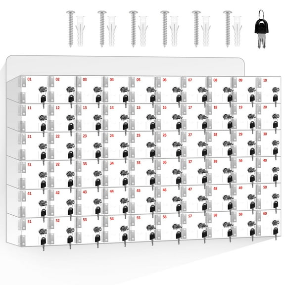 60 Slots Phone Locker Box, High-Density Acrylic Transparent Design, Wall-Mounted or Freestanding, Includes Keys for Offices, Gyms, Schools
