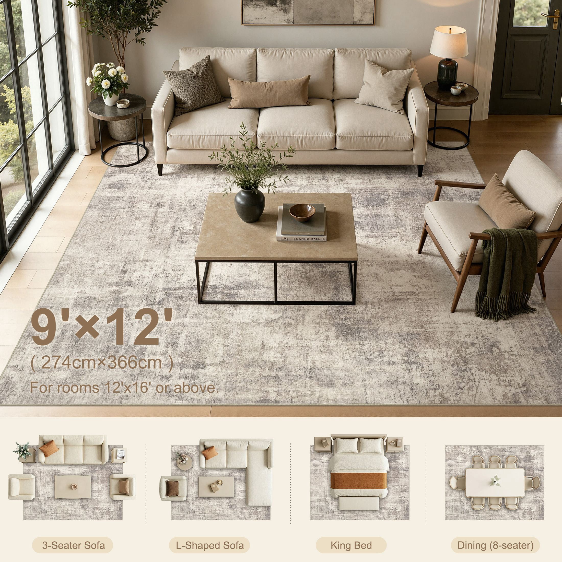 MICGEEK 9'x12' Abstract Area Rugs for Living Room, Stain Resistant Washable Rugs with Non-Slip Backing, Modern Carpet for Bedroom Dining Room Office Throw Rugs, Brown