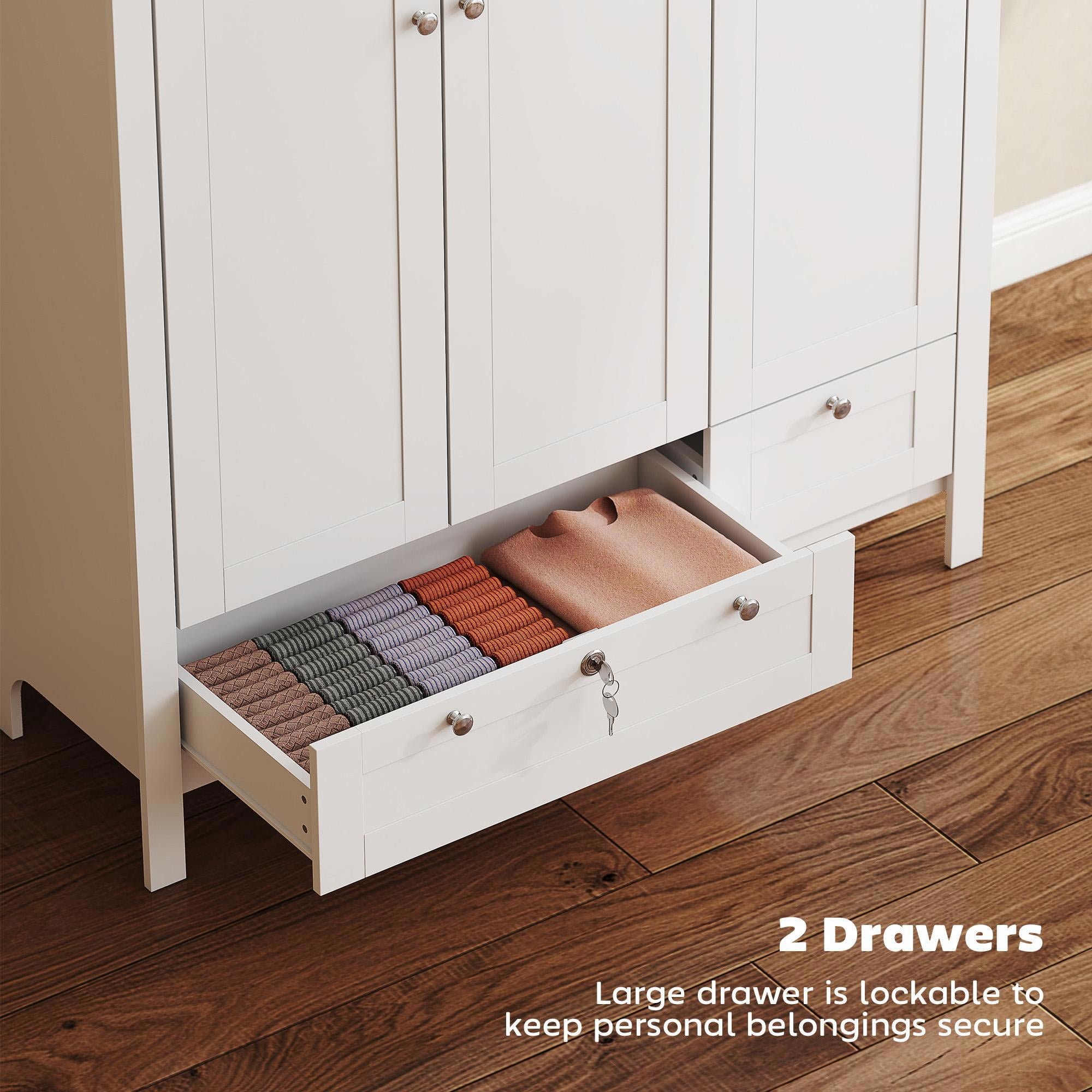 Demi Bonn 3-Door Closet Wardrobe with Lockable Drawers, Armoire for Bedrooms, Storage Shelves & Hanging Rod for Organizing Clothes and Accessories, White