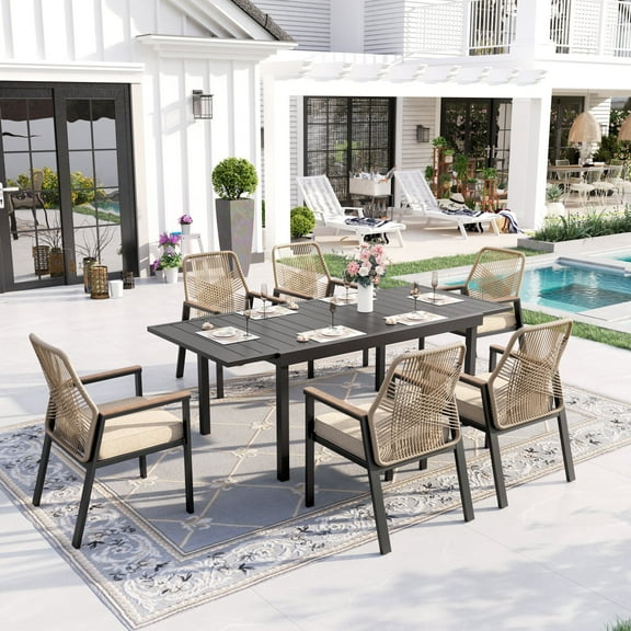 Sophia & William 7-Piece Outdoor Patio Dining Set Metal Rattan Chairs and Extendable Steel Table