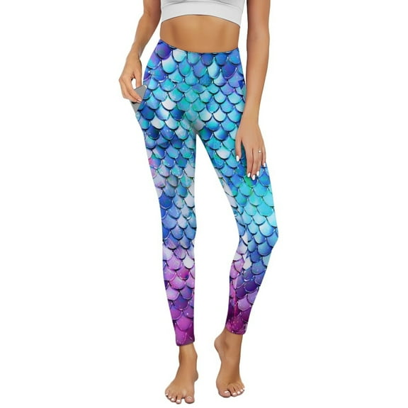 COEQINE Women Full-Length Yoga Pants with Pockets High Waisted Tummy Control 4-Way Stretch Athletic Leggings Buttery Soft No See Through Tights, Blue Violet Mermaid Scales, XS