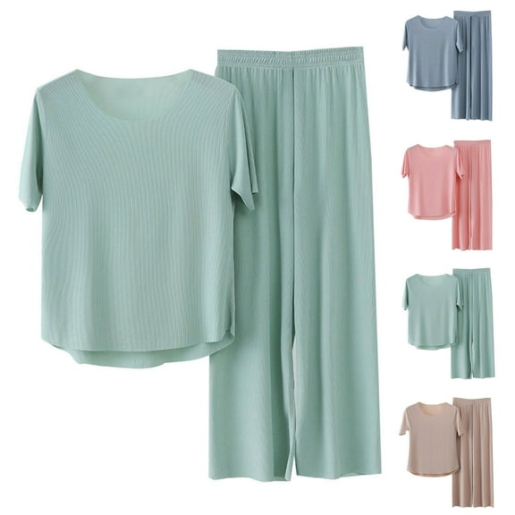 Womens Two Piece Outfit Summer Casual Loose Short Sleeve Top with Wide Leg Pants Set