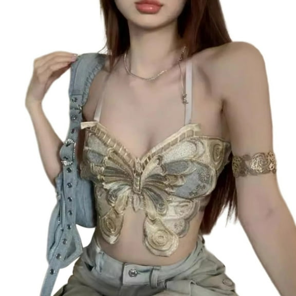 Yokua Butterfly Embroidery Halter Backless Camisole Tube Top Strappy Vest for Women