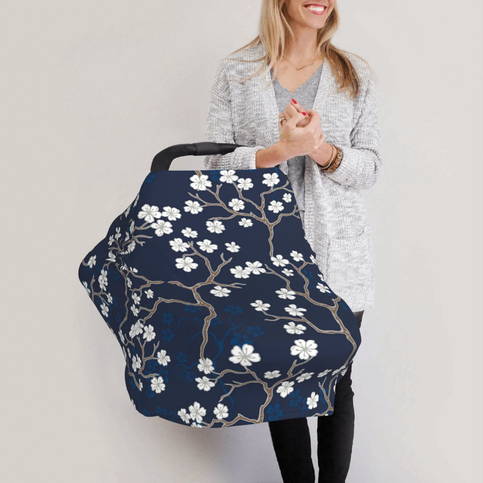Fotbe Cherry Blossoms on Navy Background Pattern Car Seat Covers for Babies, Nursing Breastfeeding Cover Infant Carseat Canopy, Soft Stretchy Carrier Cover