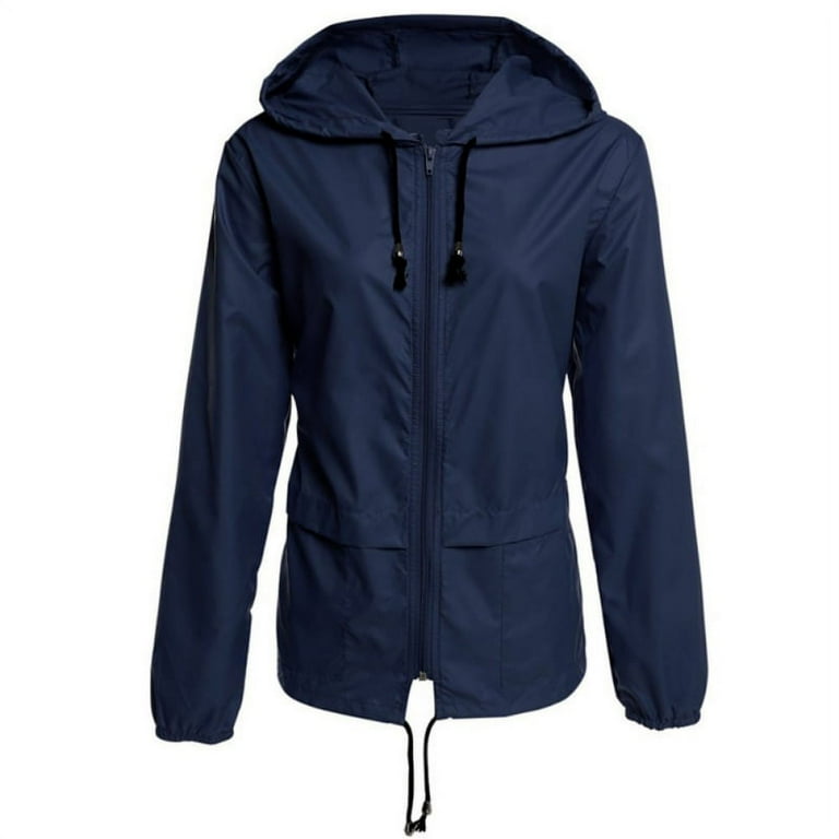 Women Waterproof Windbreaker Jacket Lightweight Drawstring Hooded Outdoor Rain Jacket with Pockets Casual Zip Up Front Jacket for Women Navy Blue